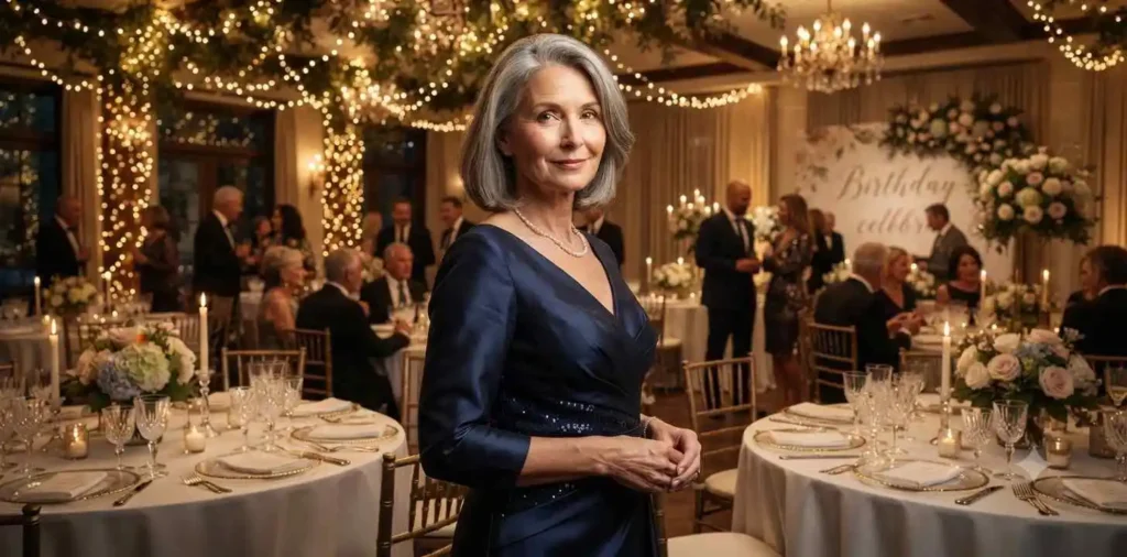 Elegant woman posing at upscale birthday celebration