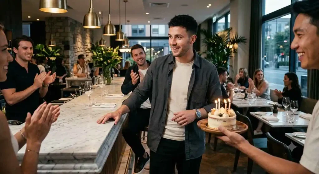 Stylish man celebrating birthday at luxury restaurant