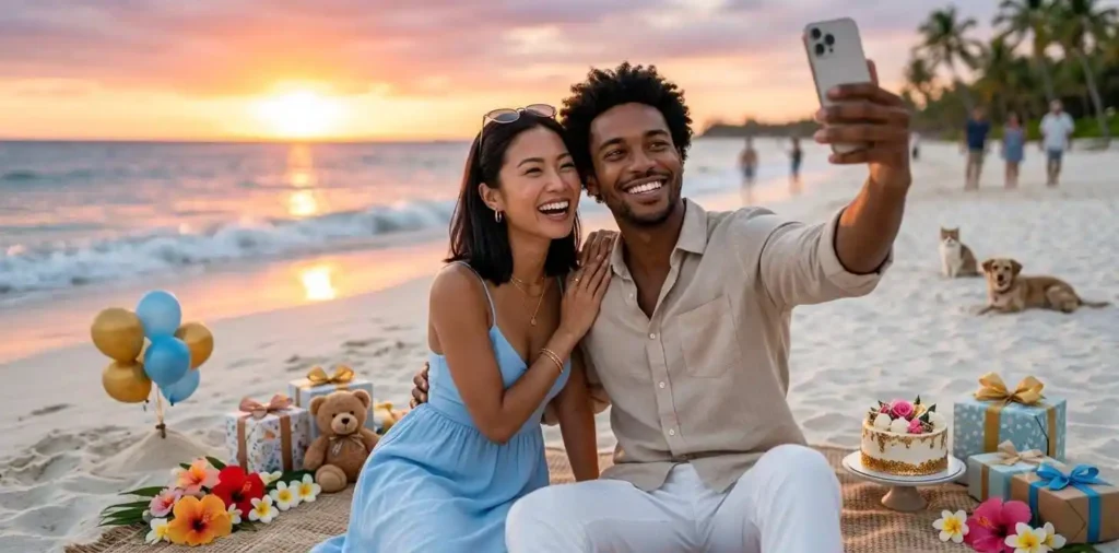 Couple taking birthday selfie together