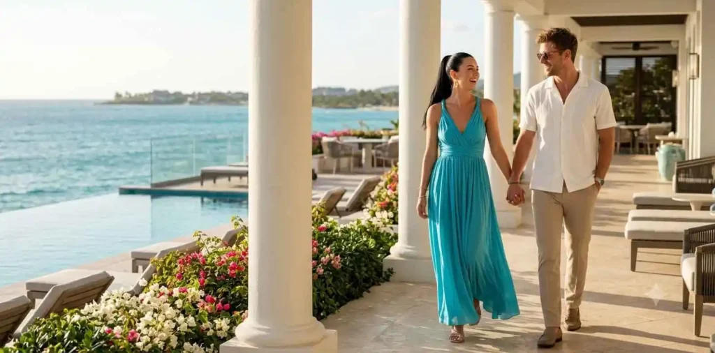 Married couple posing naturally during luxury vacation