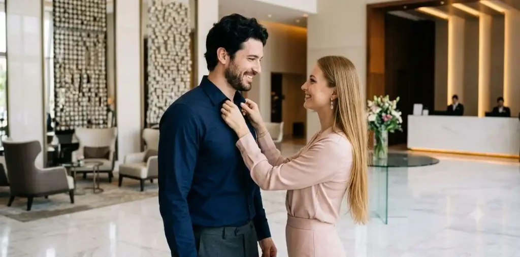 Young couple smiling together in luxury setting