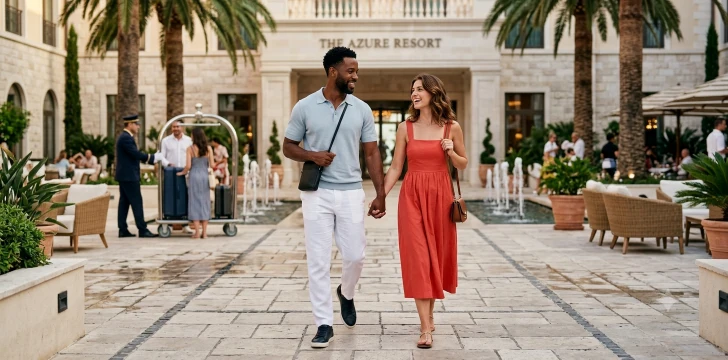 Couple walking together through luxury vacation destination