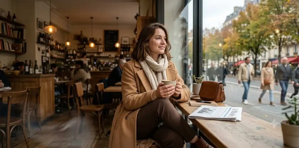 Woman enjoying cozy autumn coffee outdoors
