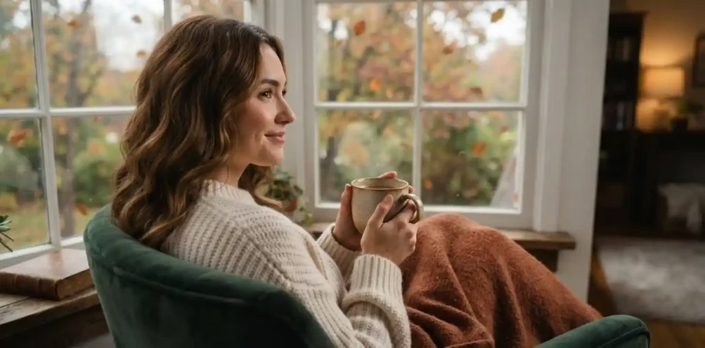 Woman enjoying coffee beside an autumn window