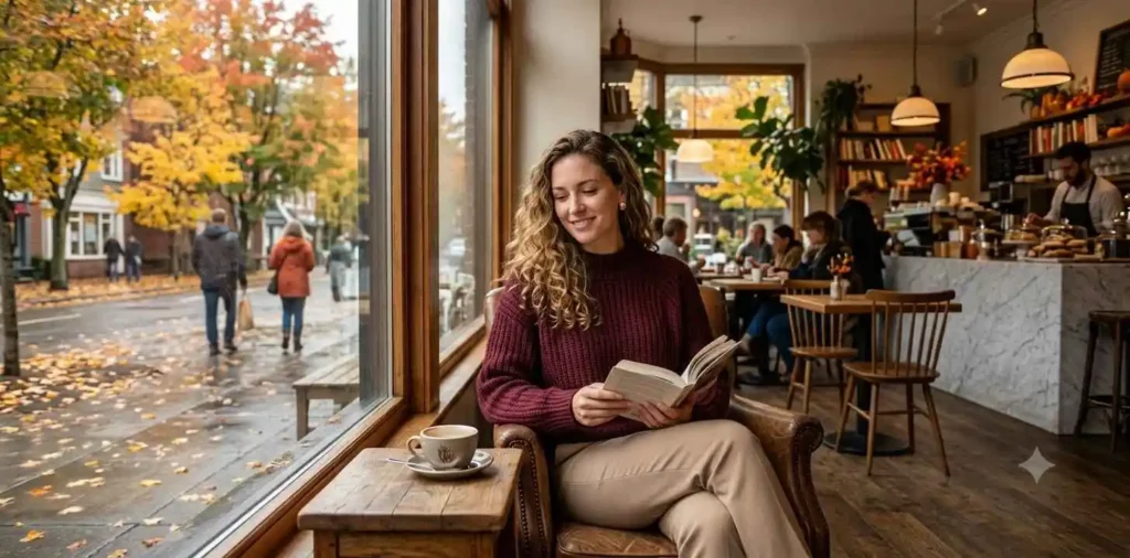 Woman reading beside a warm autumn cafΓ© window