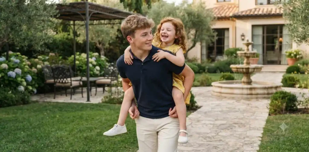 Big brother playfully carrying his little sister