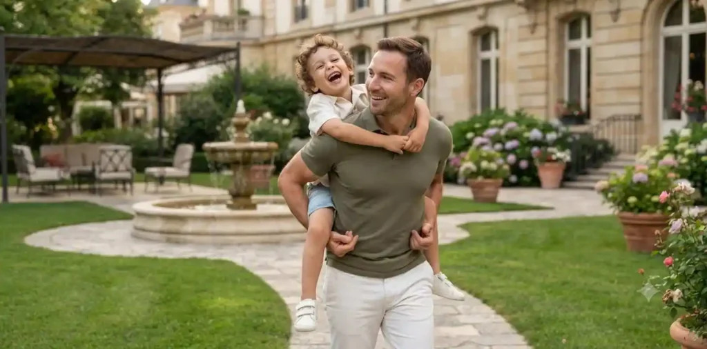 Father playfully hugging his laughing young son