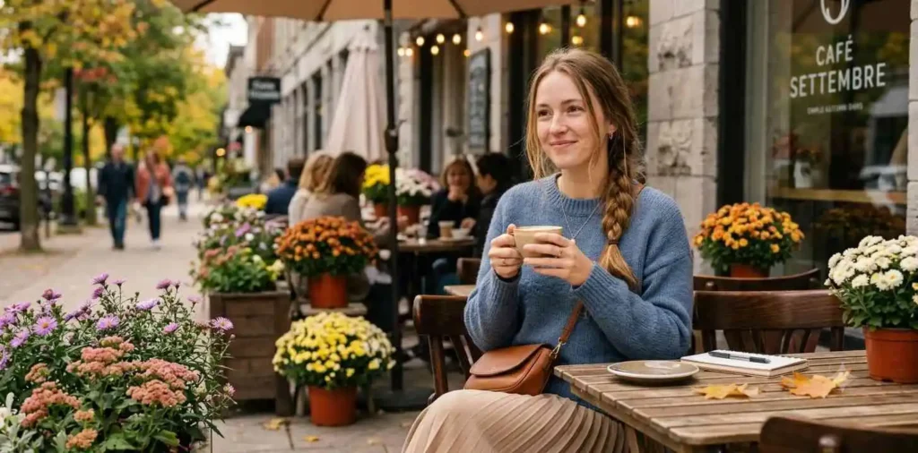 Young woman enjoying cozy September cafΓ© weather
