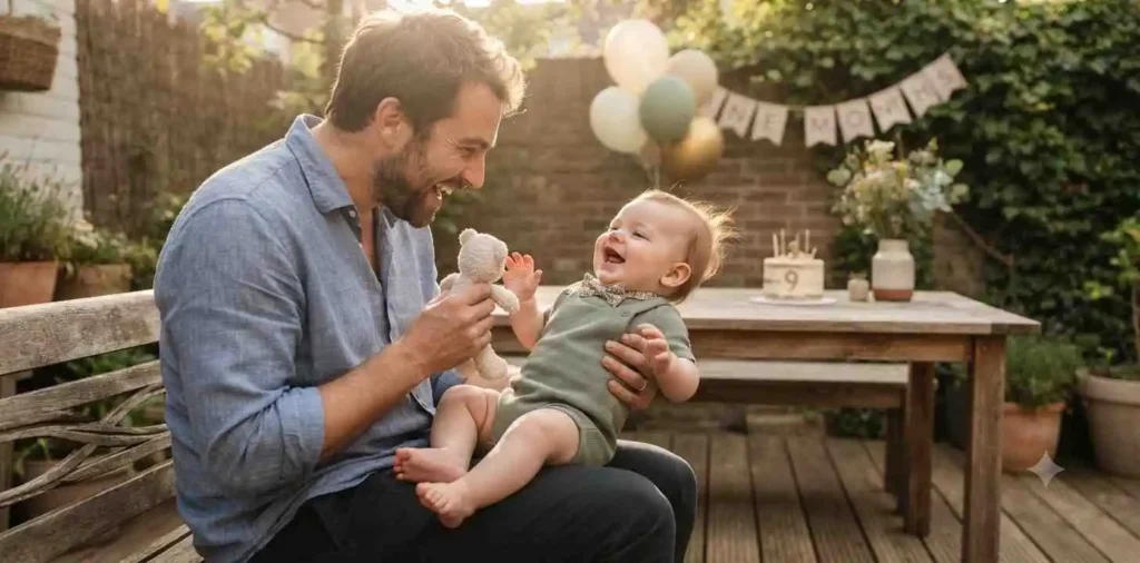 Father playing with baby during birthday celebration