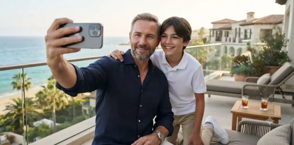 Dad and son taking a happy vacation selfie