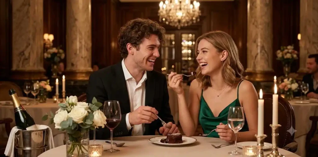 Couple laughing together during elegant dinner date