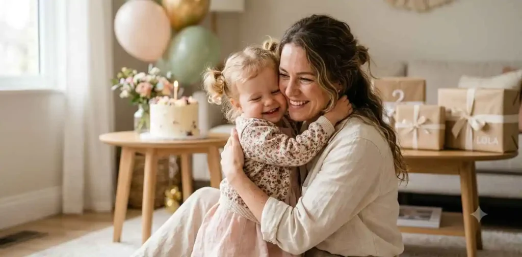 Mother hugging daughter during birthday celebration