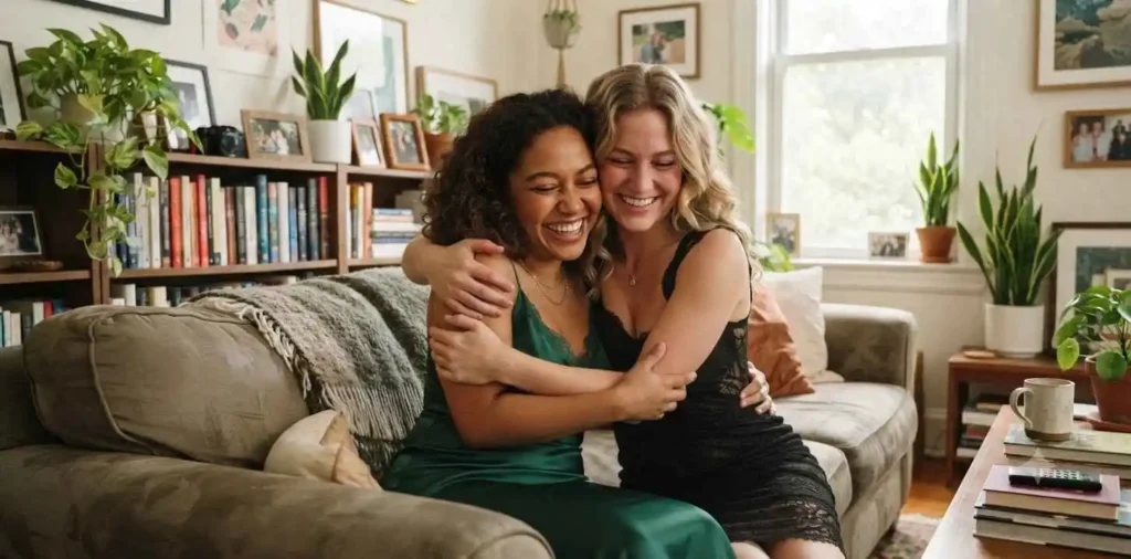 Two friends sharing a heartfelt hug indoors