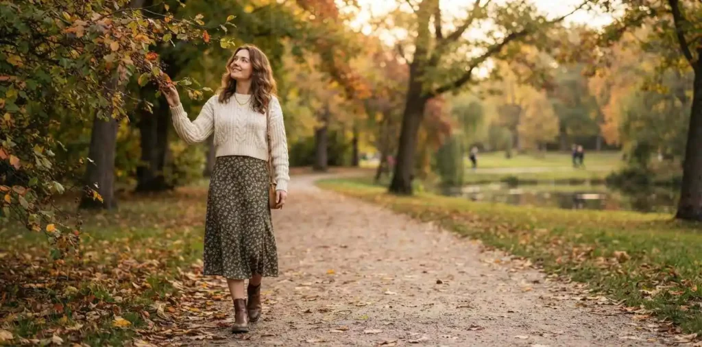 Woman walking through an early autumn park