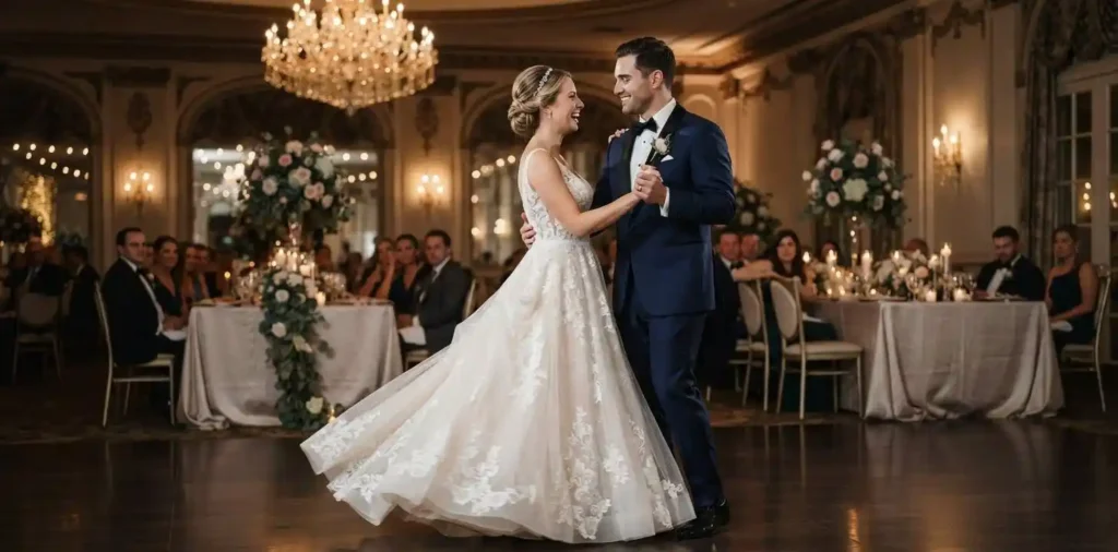 Bride and groom dancing in an elegant ballroom