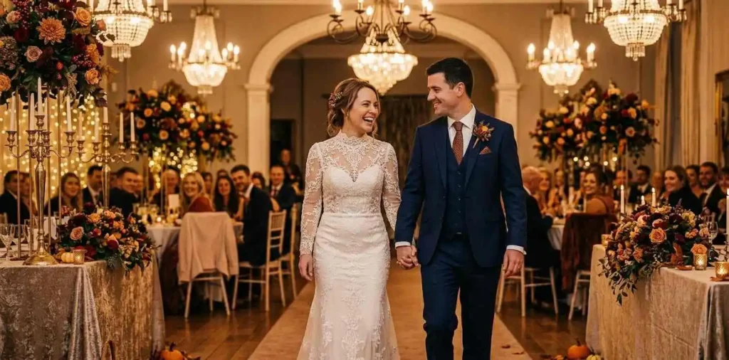 Elegant bride and groom at wedding reception