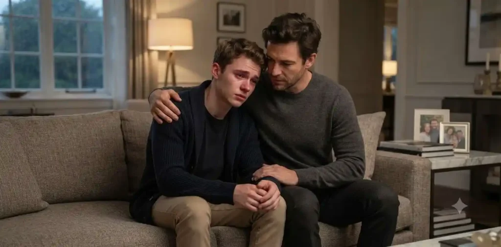 Brother comforting his sibling during emotional moment