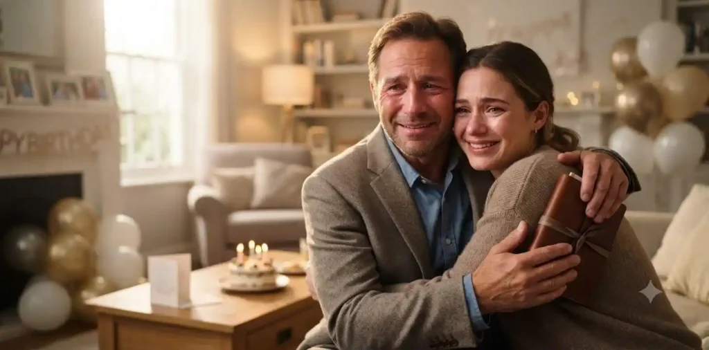 Father and daughter sharing a warm birthday hug