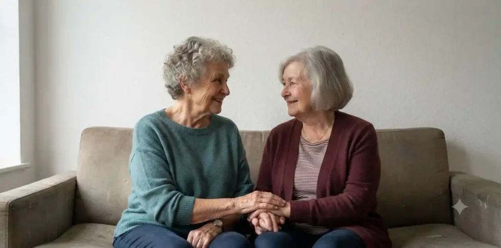 Two friends holding hands and smiling warmly indoors