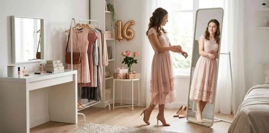 Teen girl showing elegant birthday outfit