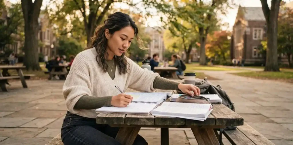Student studying outdoors on a peaceful campus