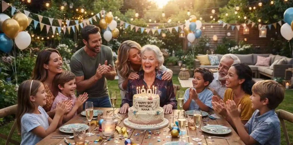 Family gathered around grandmother's 90th birthday cake