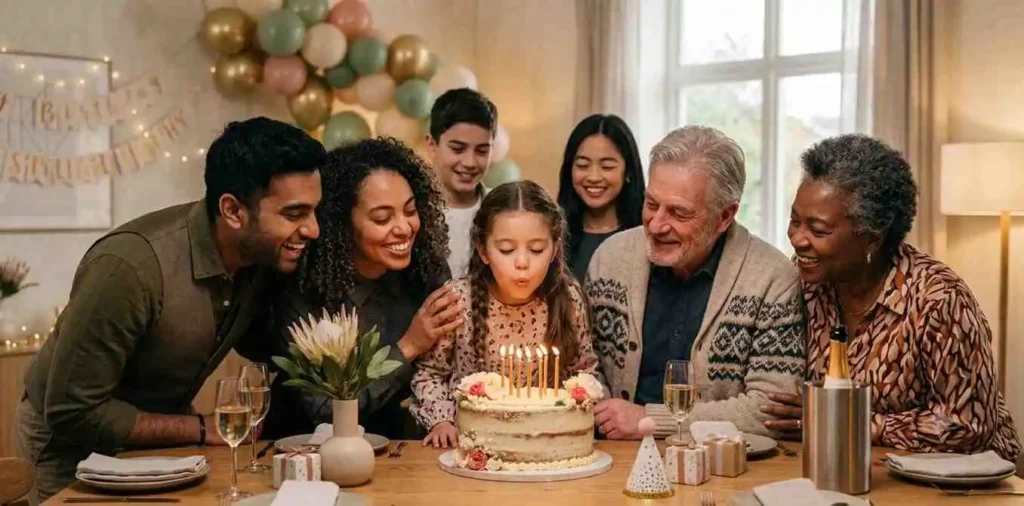 Family gathered around birthday cake indoors