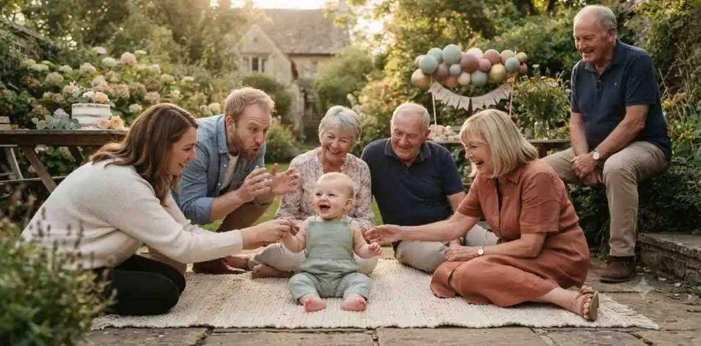 Family smiling together with their birthday baby