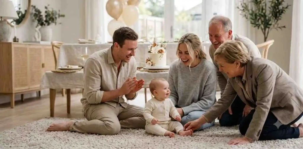 Family sharing a joyful baby celebration