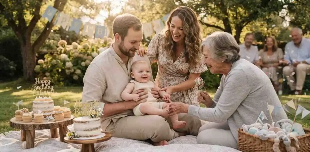 Family cuddling baby during birthday celebration