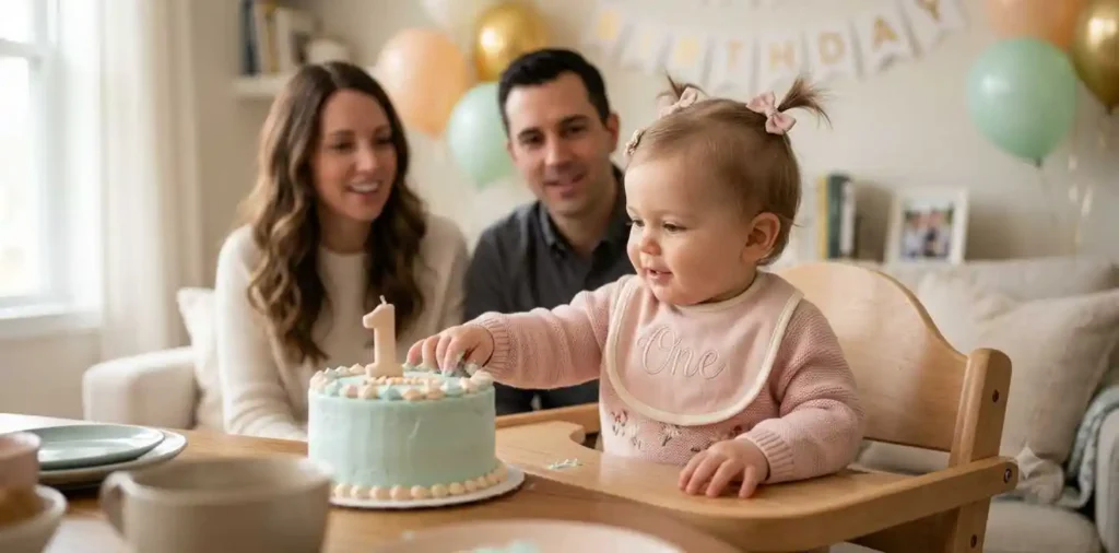 Baby touching first birthday cake