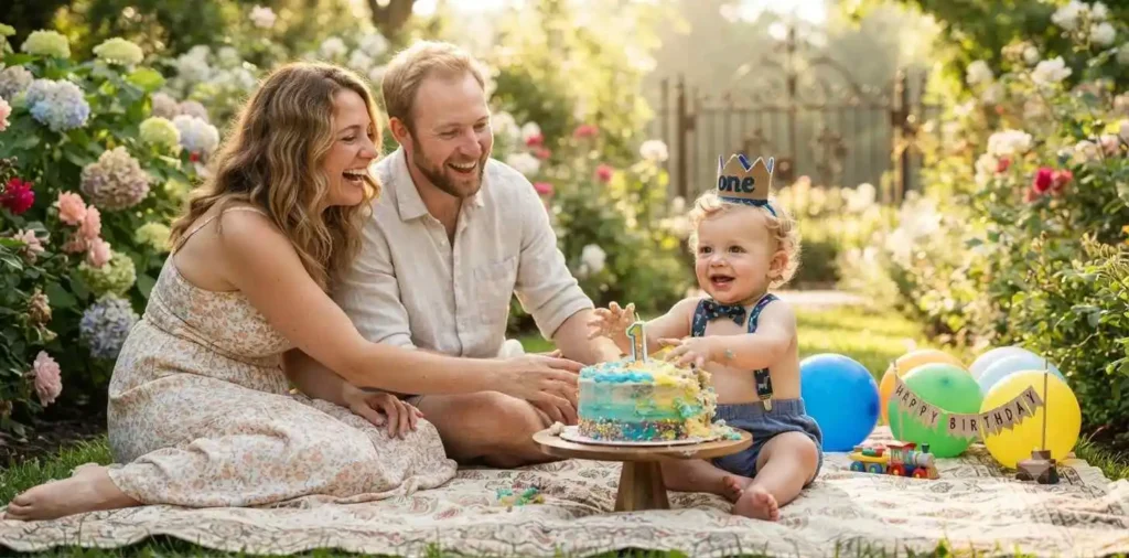Baby boy celebrating first birthday outdoors