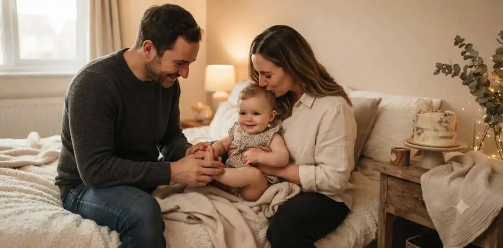 Parents cuddling baby before first birthday