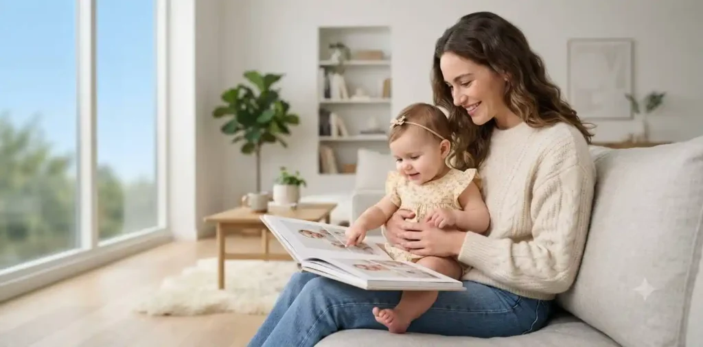 Mother holding baby near family scrapbook