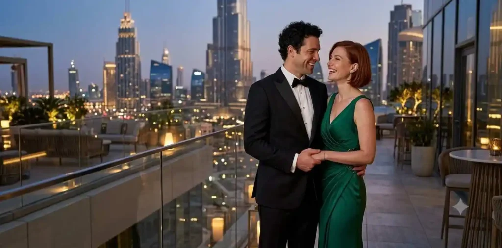 Married couple embracing above a city skyline
