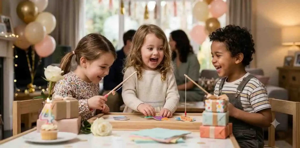Child laughing during colorful birthday party