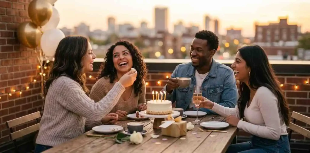 Friends laughing together during birthday celebration