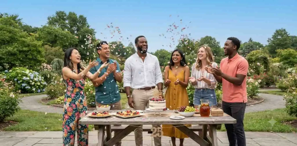 Friends celebrating birthday with balloons outdoors