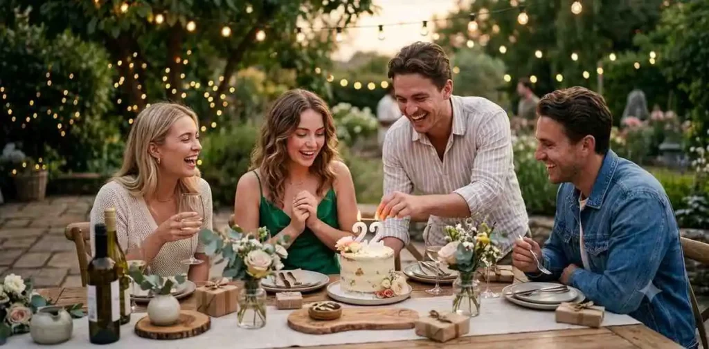 Friends laughing together during birthday celebration