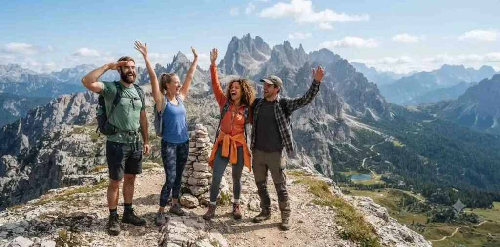 Friends hiking together on a mountain trail