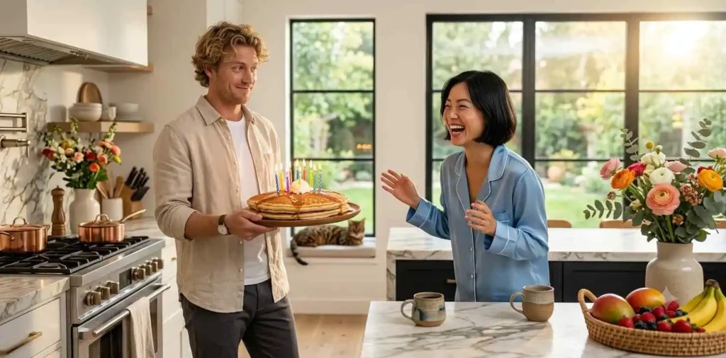 Husband playfully surprising laughing wife at birthday breakfast