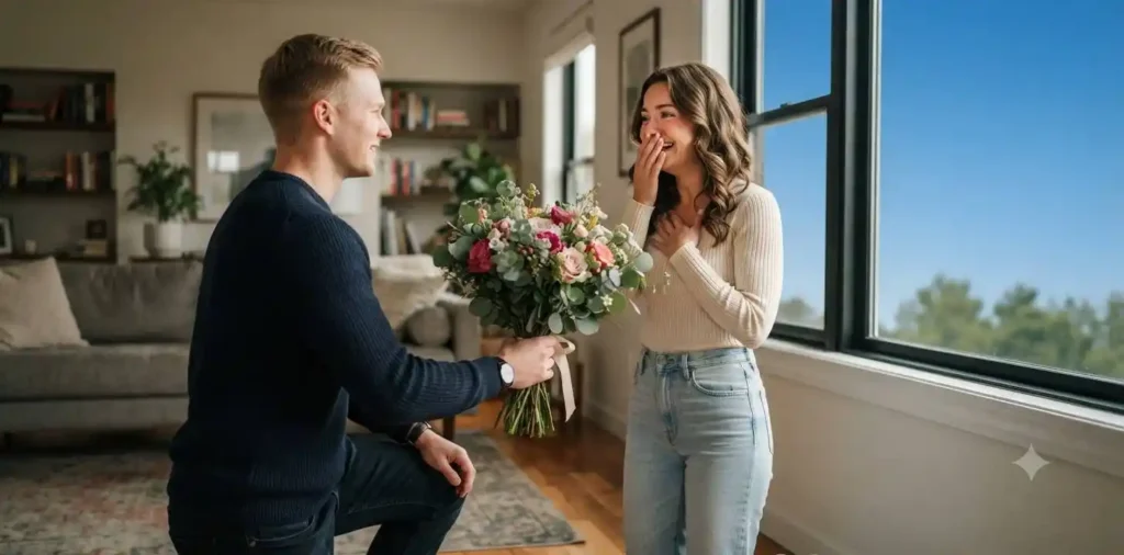 Man surprising girlfriend with flowers indoors