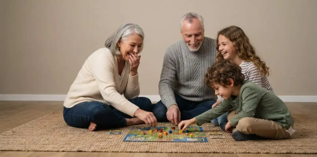 Grandparents playing with grandkids indoors