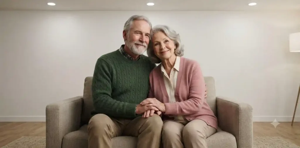 Grandparents hugging each other warmly