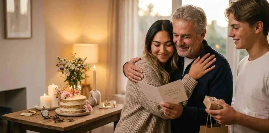 Birthday woman sharing heartfelt moment with family