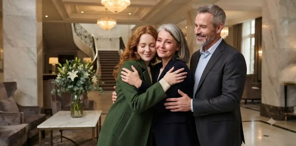 Daughter hugging parents with gratitude