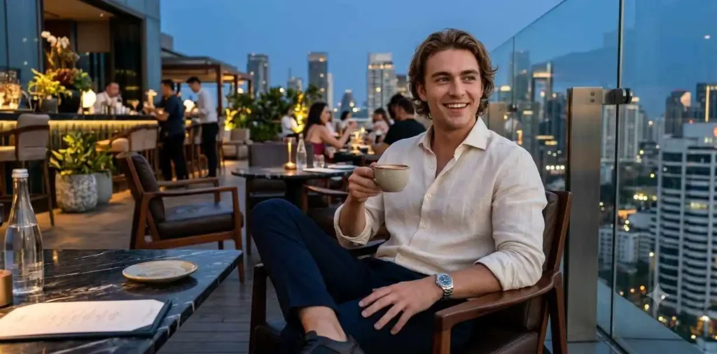 Handsome young man enjoying luxury rooftop lounge