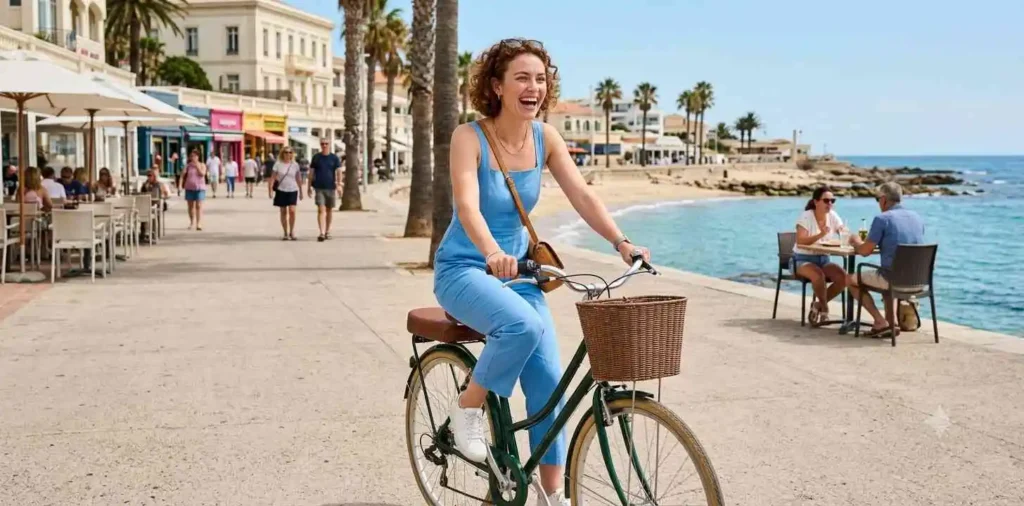 Woman laughing happily during a new adventure