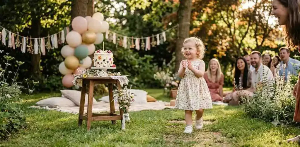 Toddler smiling beside a birthday cake