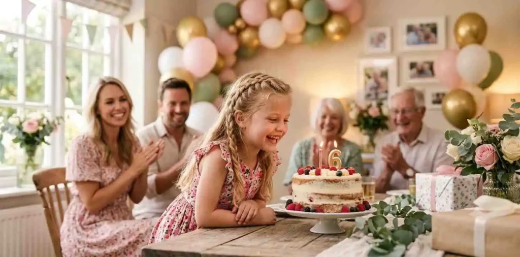 Girl smiling beside her birthday cake